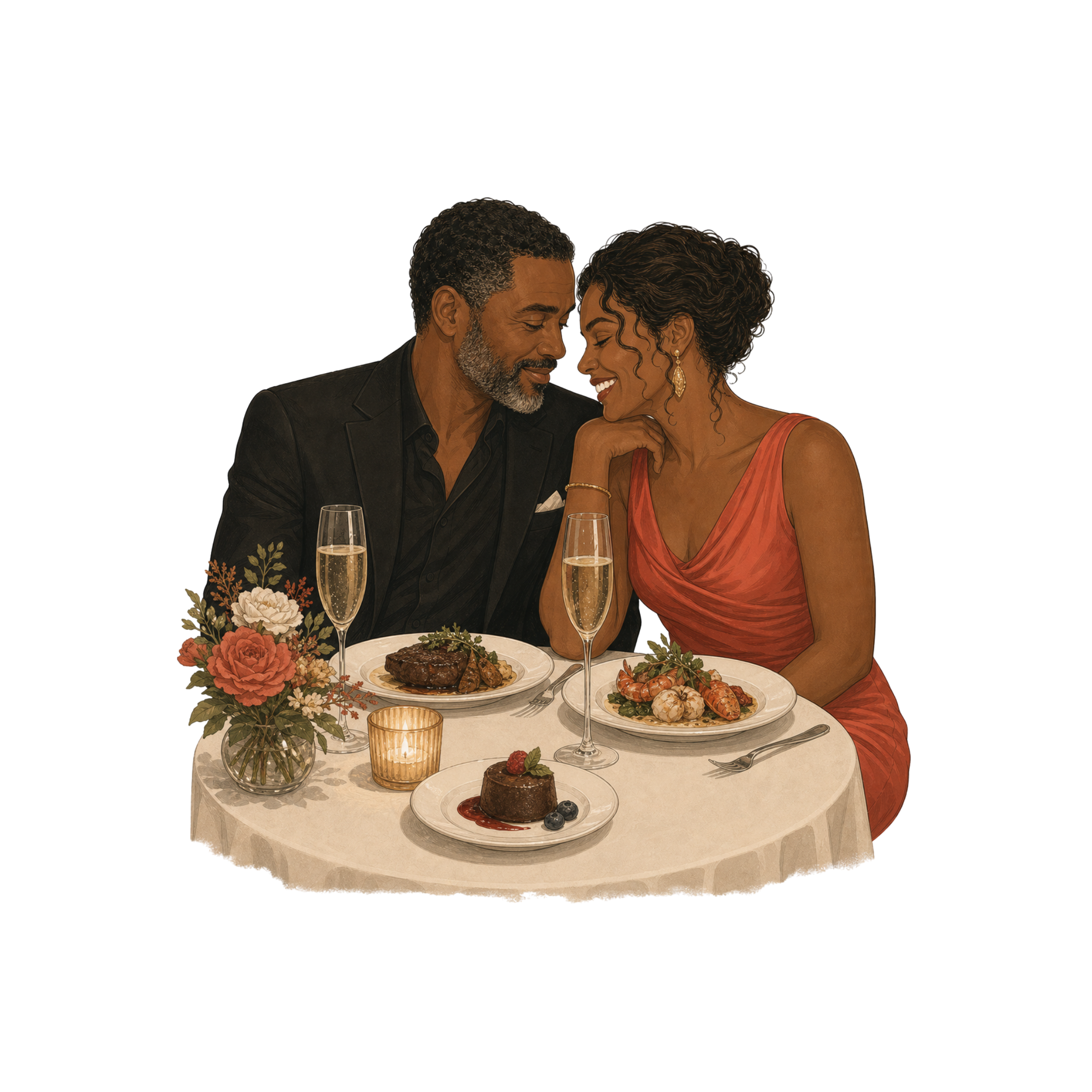 An anniversary dinner, couple at a quiet table with champagne and a tasting